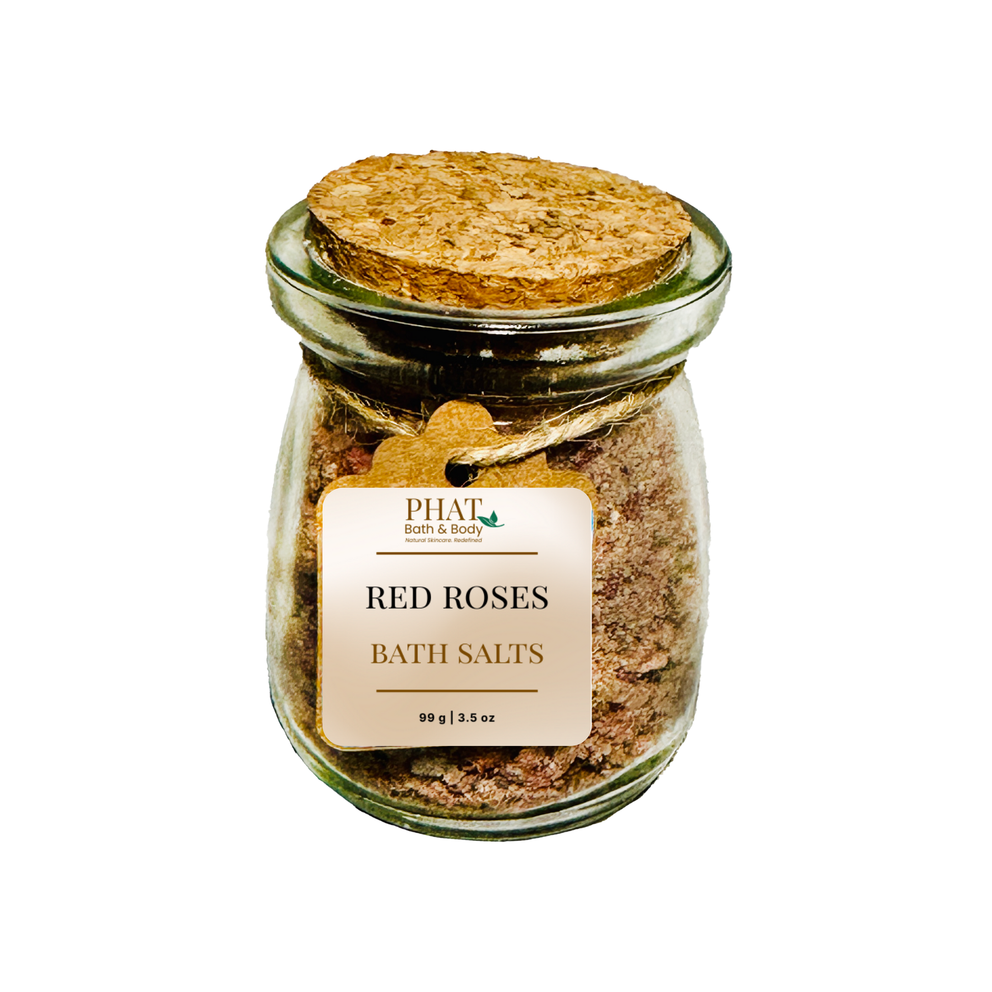 Jar of red roses bath salts with cork lid on a white background