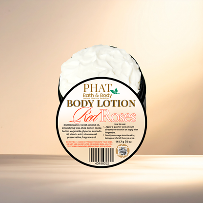 Body lotion container labeled 'Red Roses' by Phat Bath & Body on a gradient background