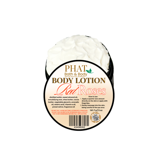 Body lotion container with 'Red Roses' fragrance on a white background