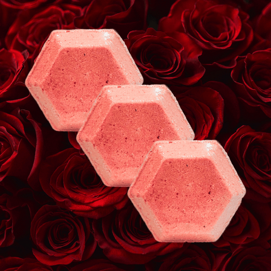 Three red hexagonal shower stemaers on a dark background with red roses.