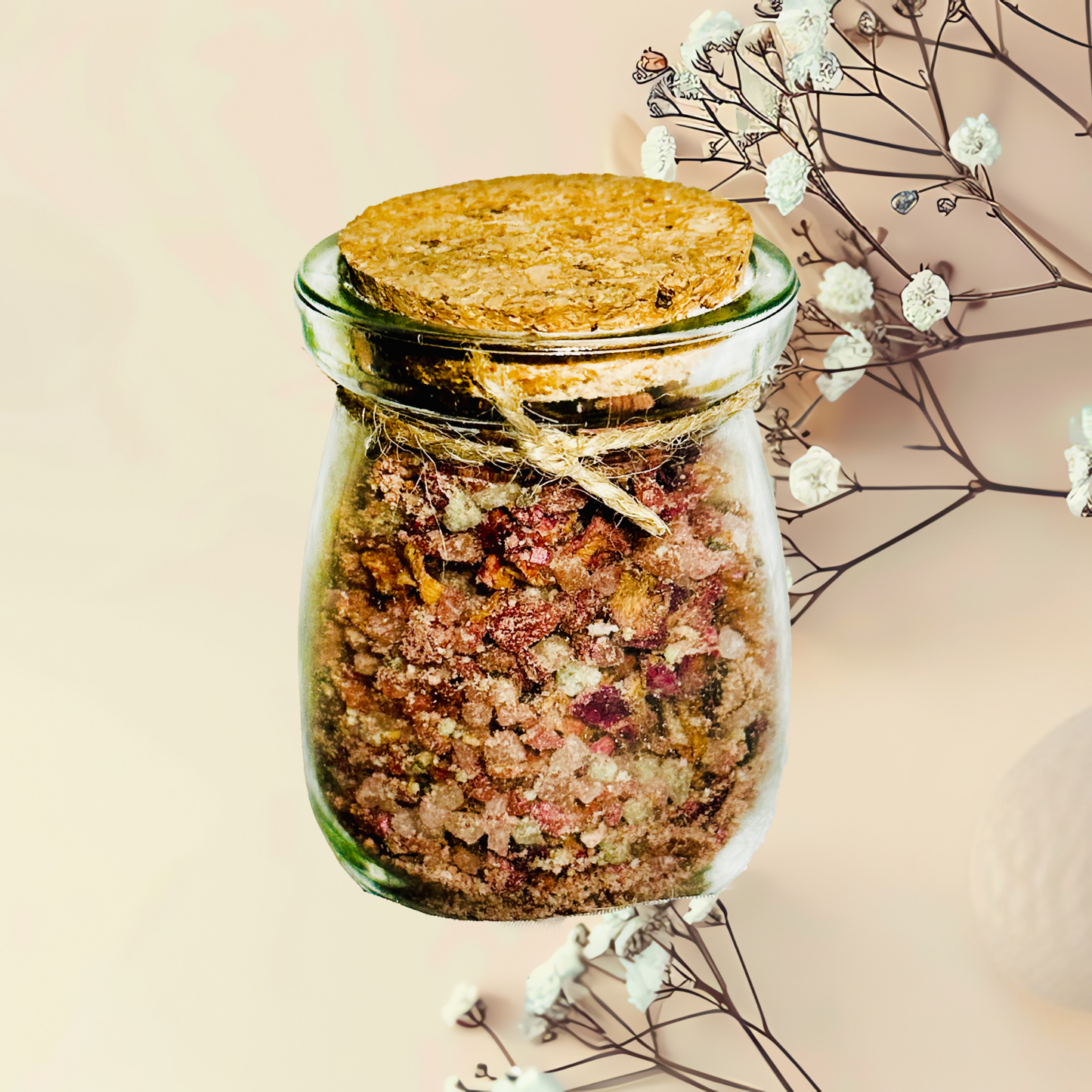 Glass jar with a cork lid containing a colorful mix of bath salts, set against a soft pink background with delicate white flowers.