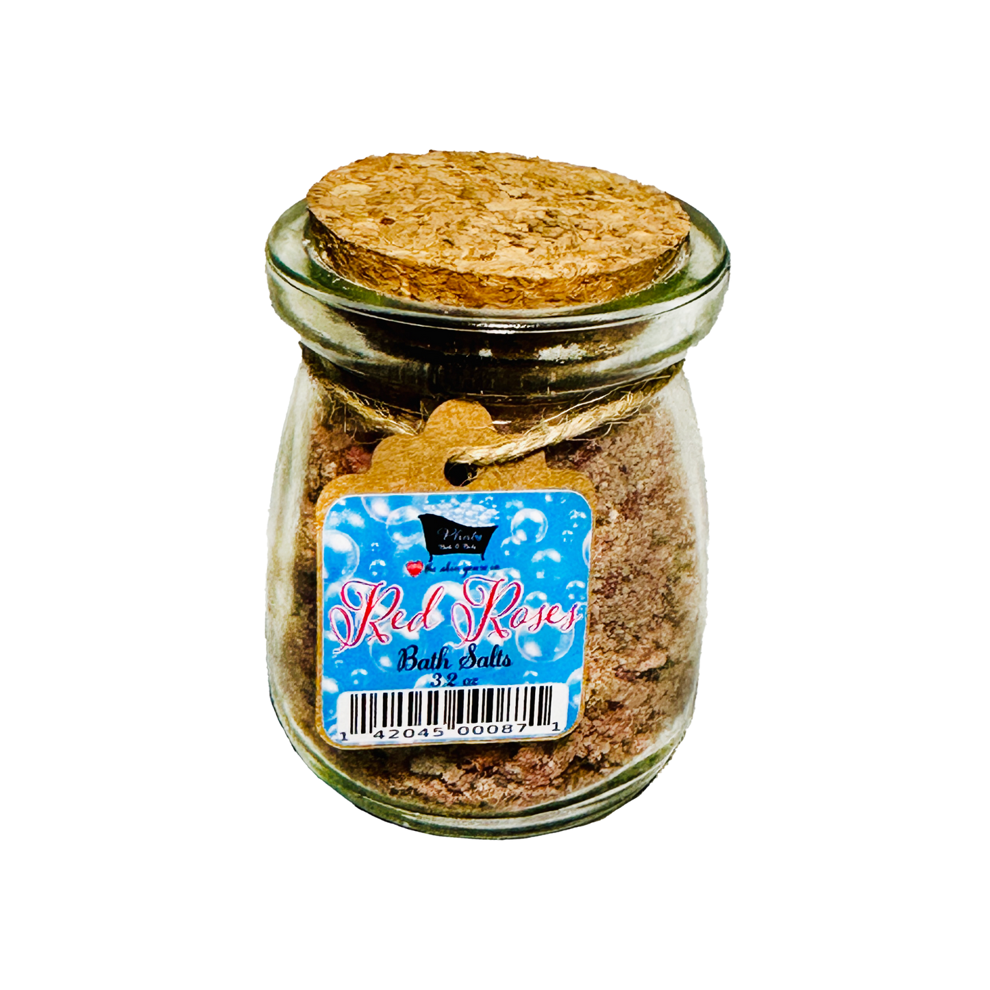Jar of bath salts with a cork lid and 'Red Roses' label on a white background