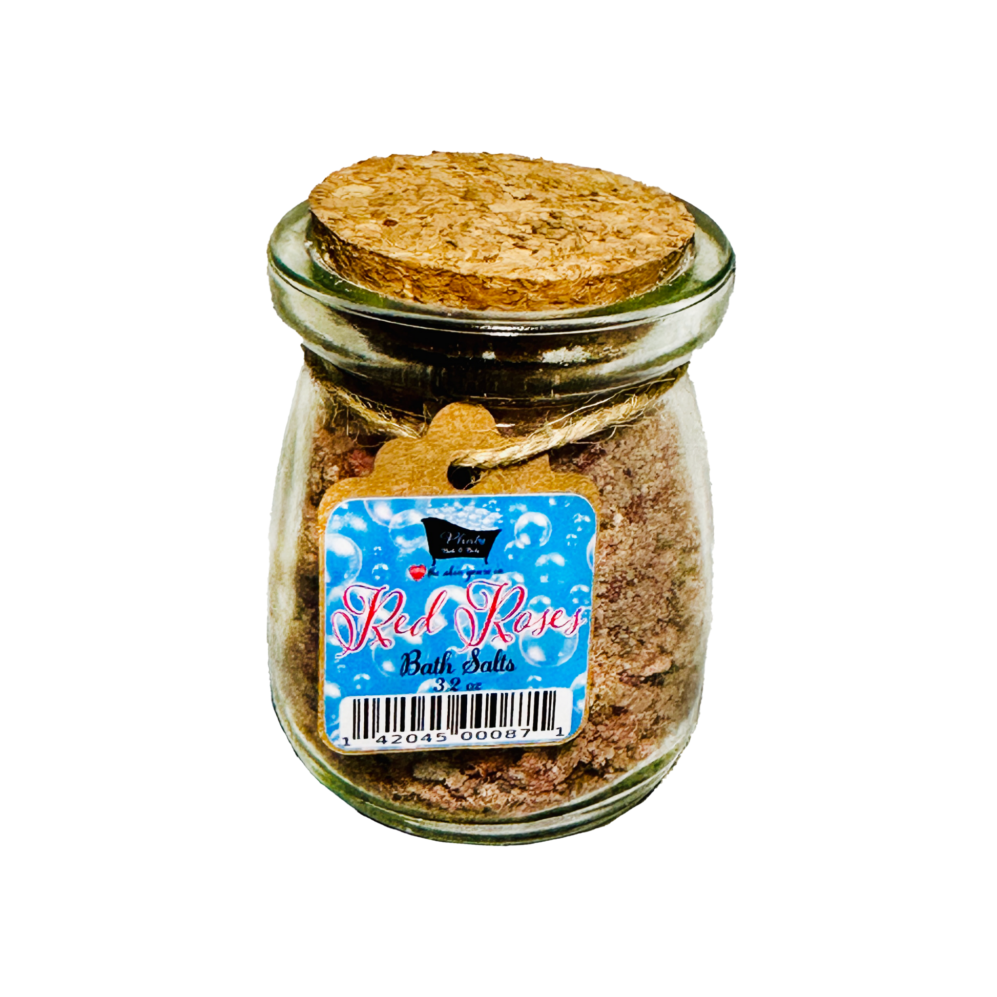 Jar of bath salts with a cork lid and 'Red Roses' label on a white background
