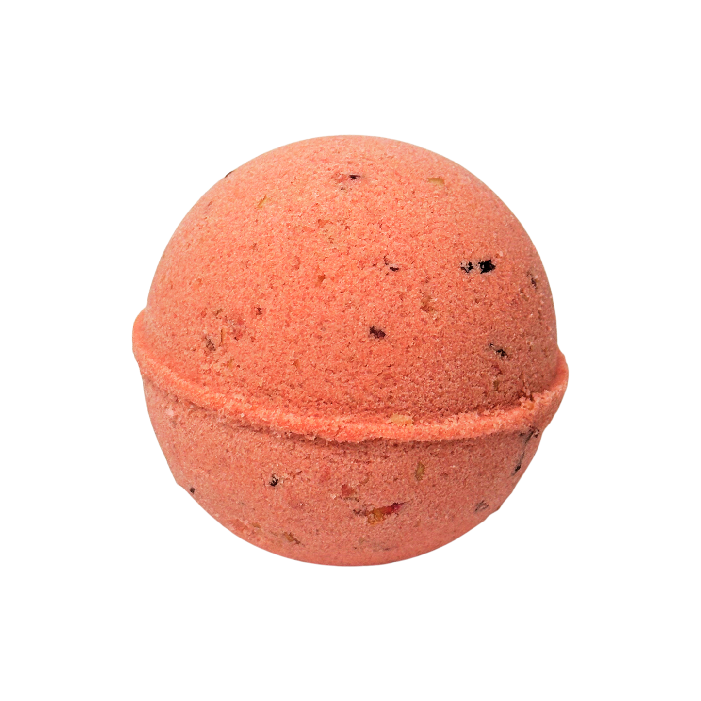Red-colored bath bomb with specks on a white background