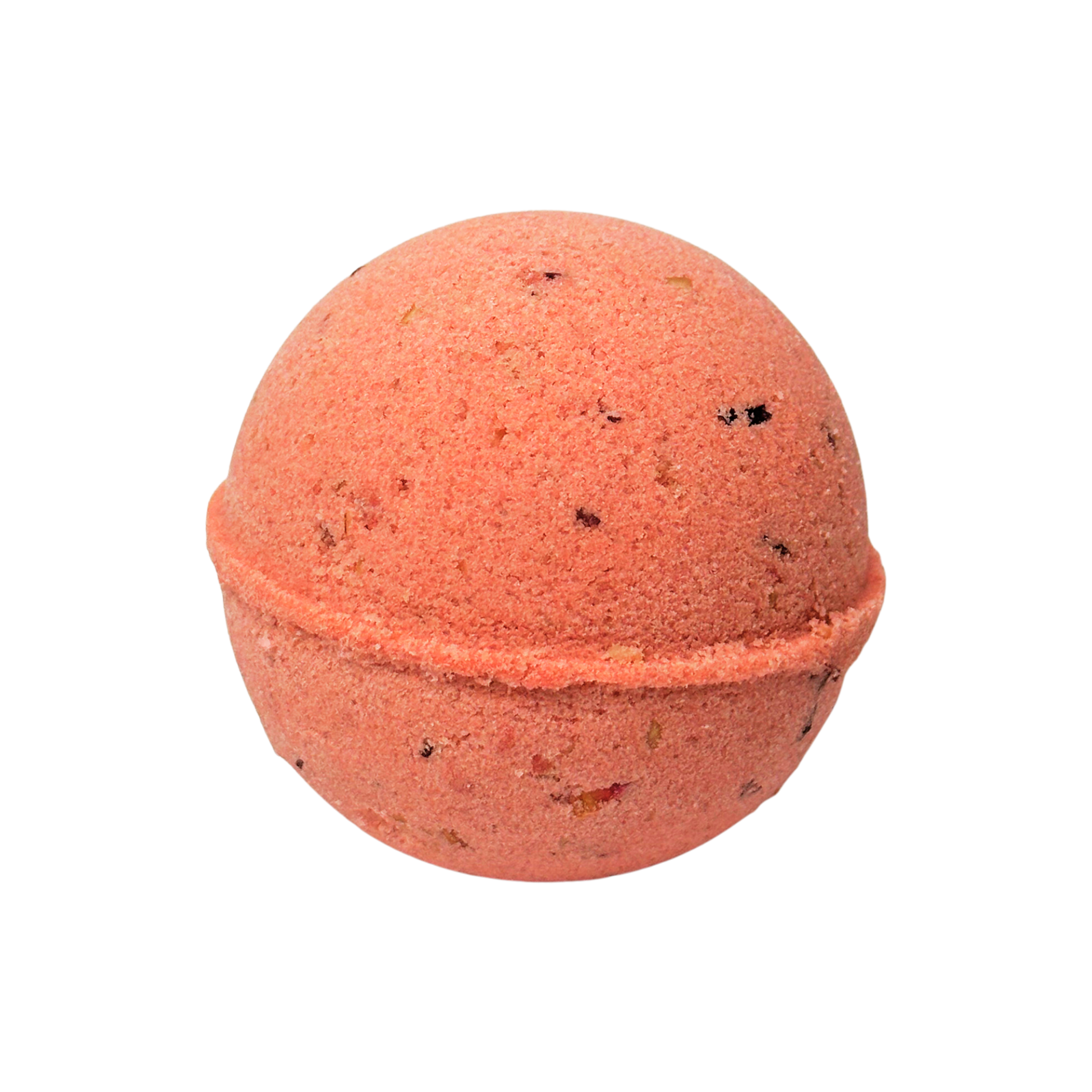 Red-colored bath bomb with specks on a white background