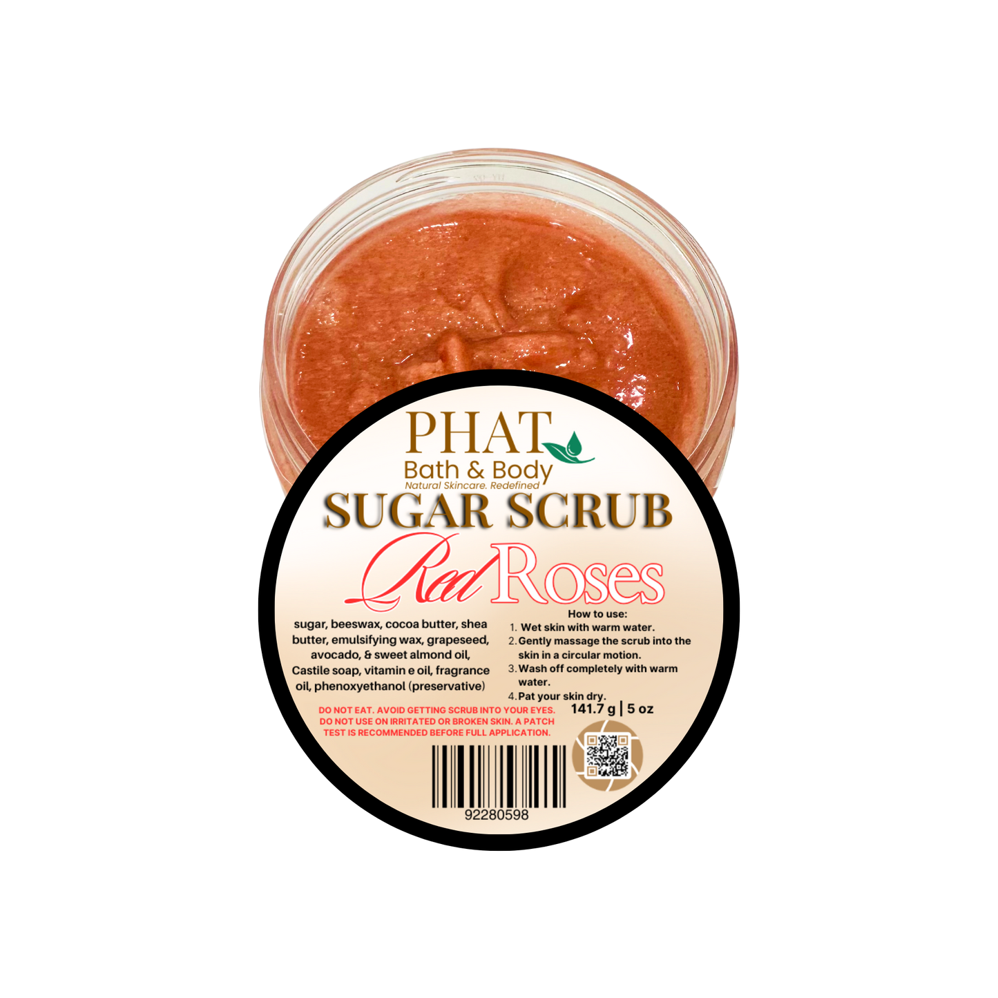 Jar of sugar scrub with 'Phat Bath & Body' label on a white background
