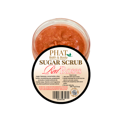 Jar of sugar scrub with 'Phat Bath & Body' label on a white background