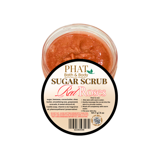 Jar of sugar scrub with 'Phat Bath & Body' label on a white background
