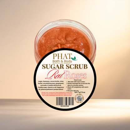 Jar of sugar scrub with 'Phat Bath & Body' label on a beige background
