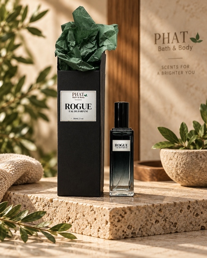 Rogue men’s Eau de Parfum bottle with black gift box and green tissue in a luxury setting.