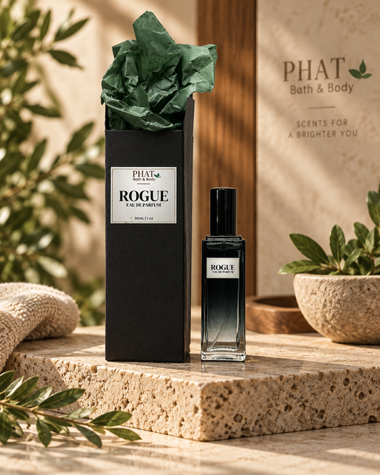 Rogue men’s Eau de Parfum bottle with black gift box and green tissue in a luxury setting.