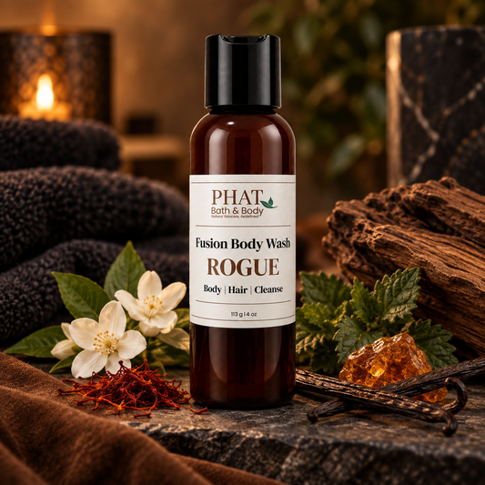 Rogue Men’s Fusion Body Wash displayed in a masculine setting with saffron, jasmine, vanilla, amber woods, and patchouli-inspired accents.