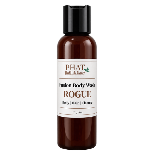 Phat Bath & Body Rogue Men’s Fusion Body Wash in a 4 oz amber bottle with black cap, front label view on a transparent background.