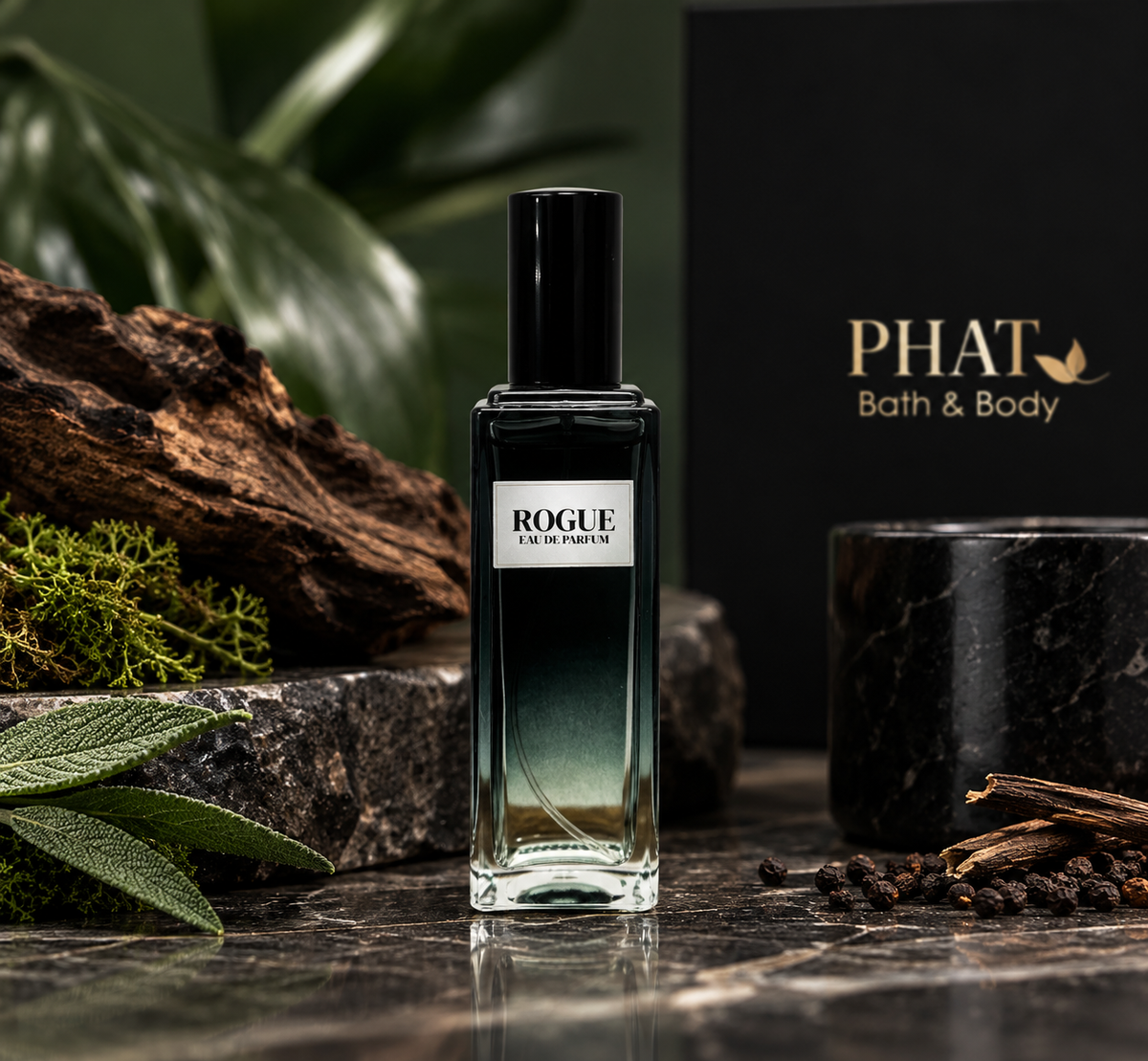 A bottle of PHAT Bath & Body 'Rogue' Eau de Parfum stands on a dark marble surface, styled with a black box, a black candle, and natural elements like wood, moss, and spices in the background.