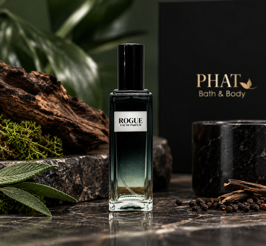 A bottle of PHAT Bath & Body 'Rogue' Eau de Parfum stands on a dark marble surface, styled with a black box, a black candle, and natural elements like wood, moss, and spices in the background.