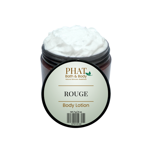 Jar of 'Rouge' body lotion from Phat Bath & Body on a white background