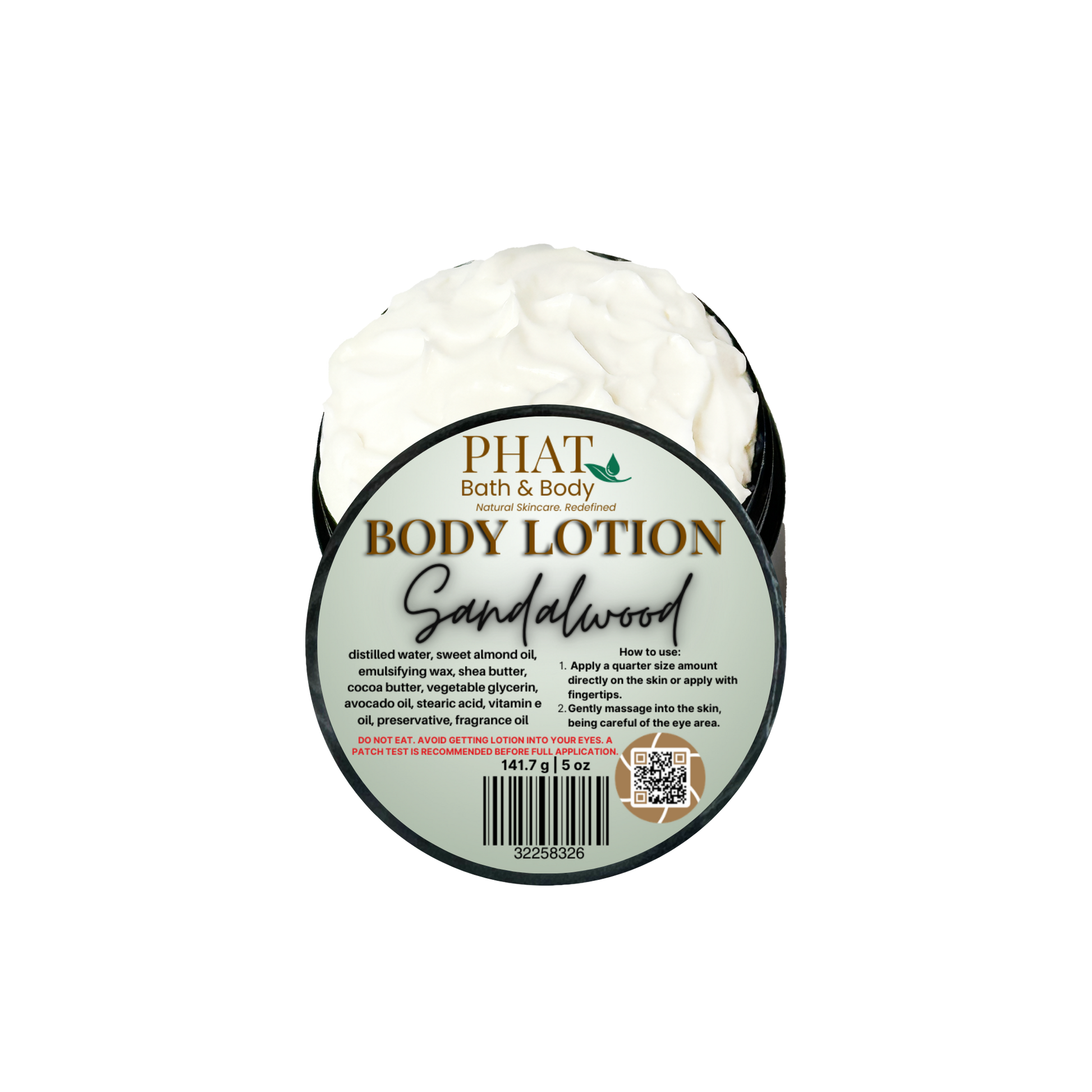 Body lotion container labeled 'Sandalwood' by Phat Bath & Body on a white background