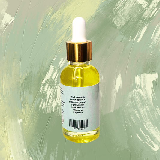 Bottle of yellow liquid with dropper on a green textured background
