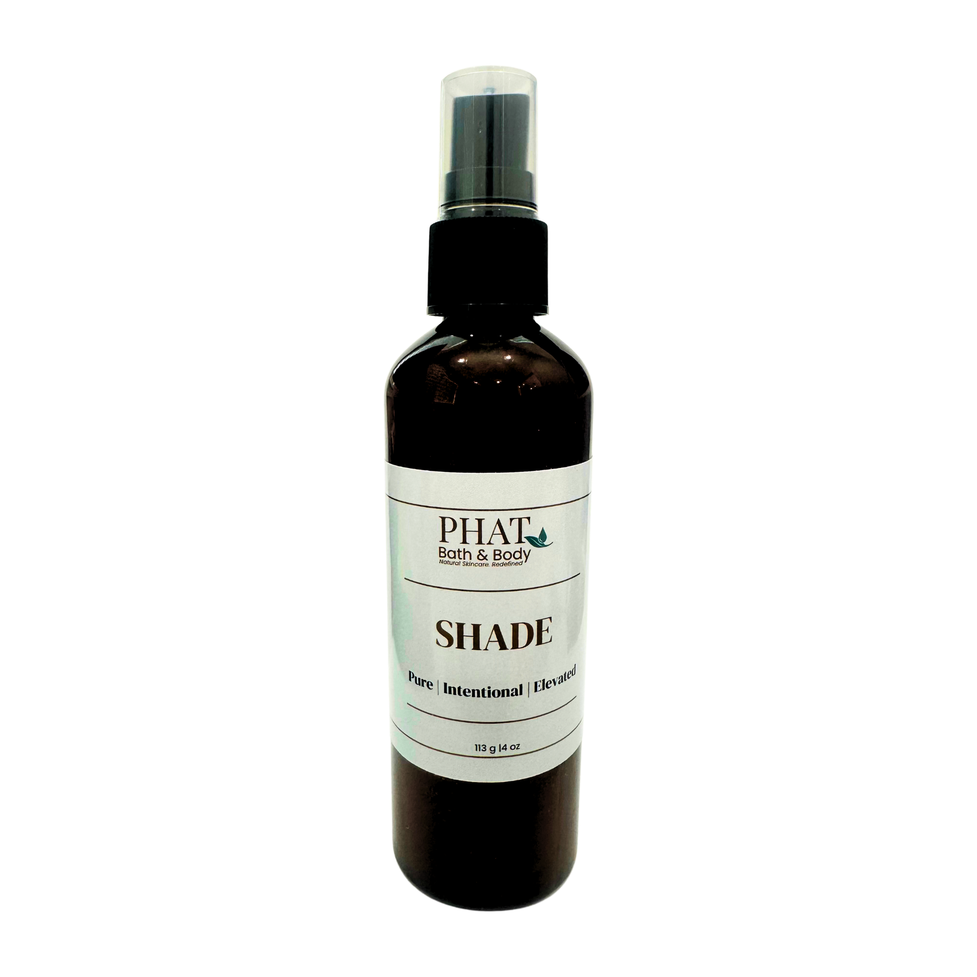 Black spray bottle labeled 'Phat Bath & Body Shade' on a white background