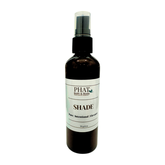 Black spray bottle labeled 'Phat Bath & Body Shade' on a white background