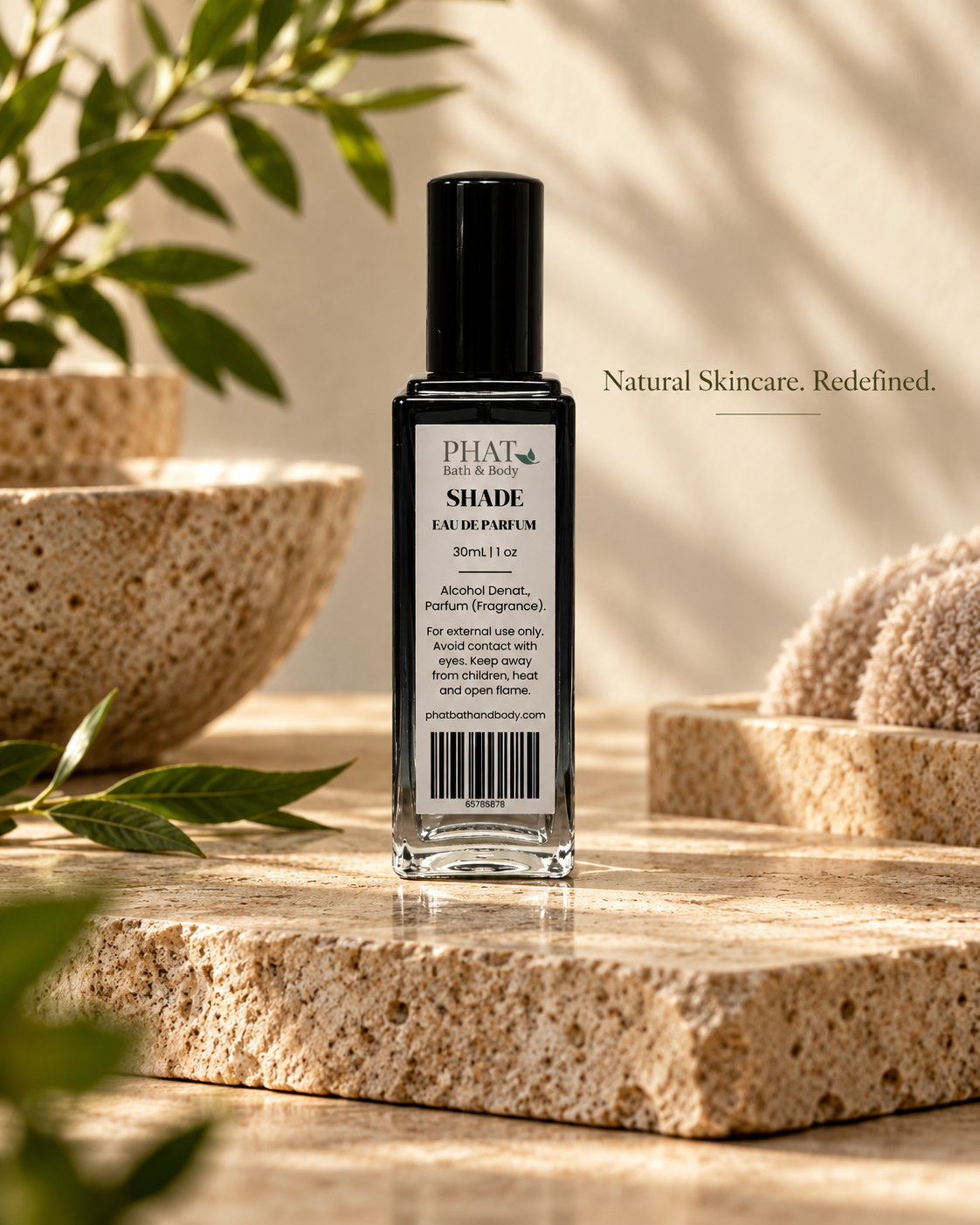 Back label of the Shade men’s Eau de Parfum bottle in a refined themed setting.
