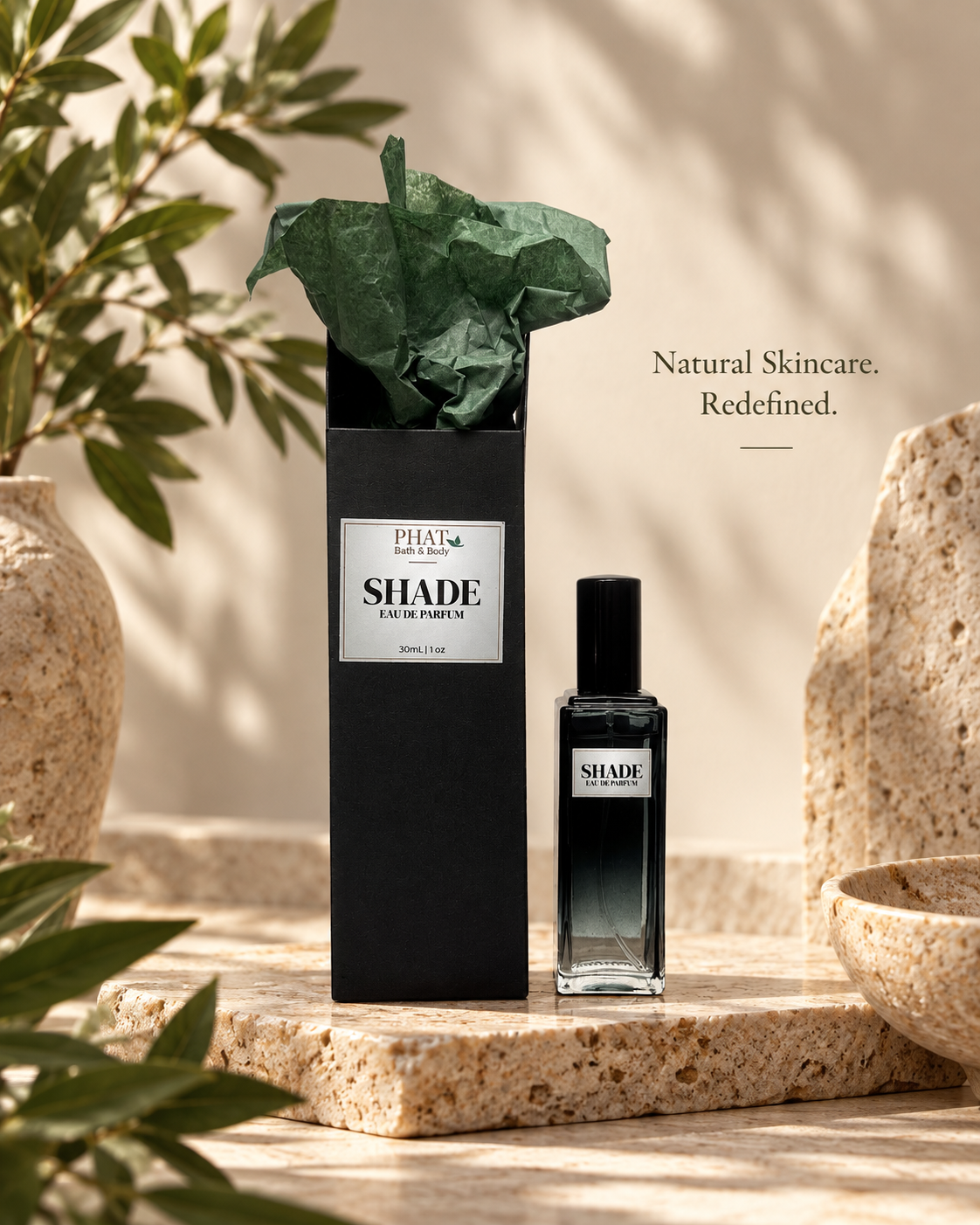 Shade men’s Eau de Parfum bottle with black gift box and green tissue in a luxury setting.