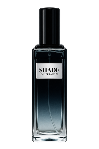 Shade men’s Eau de Parfum bottle with front label on a transparent background.