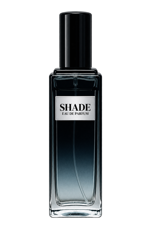 Shade men’s Eau de Parfum bottle with front label on a transparent background.