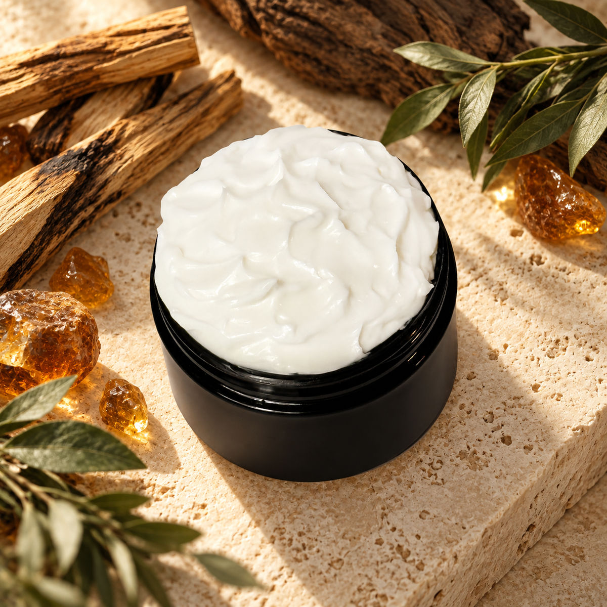 Open jar of Phat Bath & Body Shade Men’s Body Lotion with creamy white lotion in a refined setting inspired by sandalwood, patchouli, Palo Santo, soft amber, and clean musk.