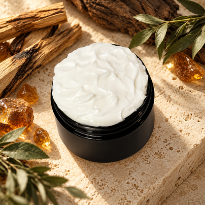 Open jar of Phat Bath & Body Shade Men’s Body Lotion with creamy white lotion in a refined setting inspired by sandalwood, patchouli, Palo Santo, soft amber, and clean musk.