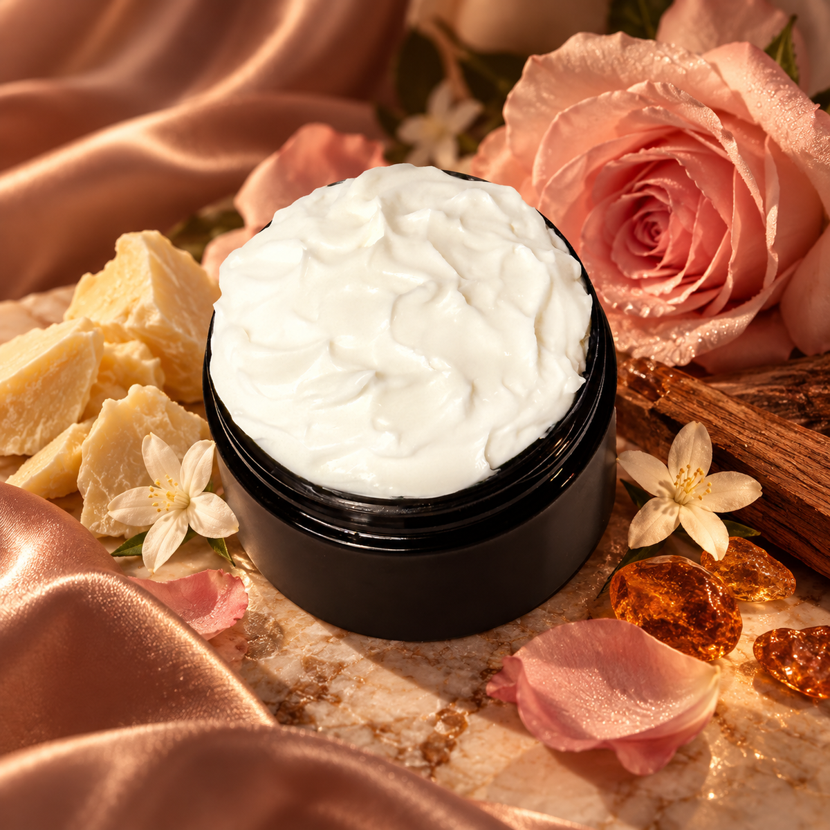 Signature FragranceOpen jar of Phat Bath & Body Siren Body Lotion styled with soft rose, jasmine, warm woods and amber accents