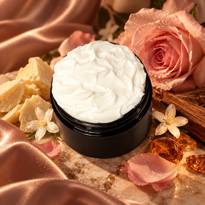 Signature FragranceOpen jar of Phat Bath & Body Siren Body Lotion styled with soft rose, jasmine, warm woods and amber accents