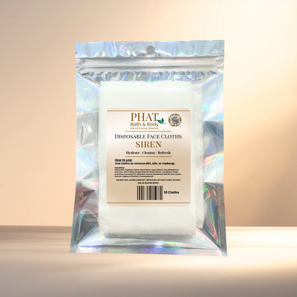 Pack of disposable face cloths with 'PHAT Bath & Body' branding on a reflective surface.