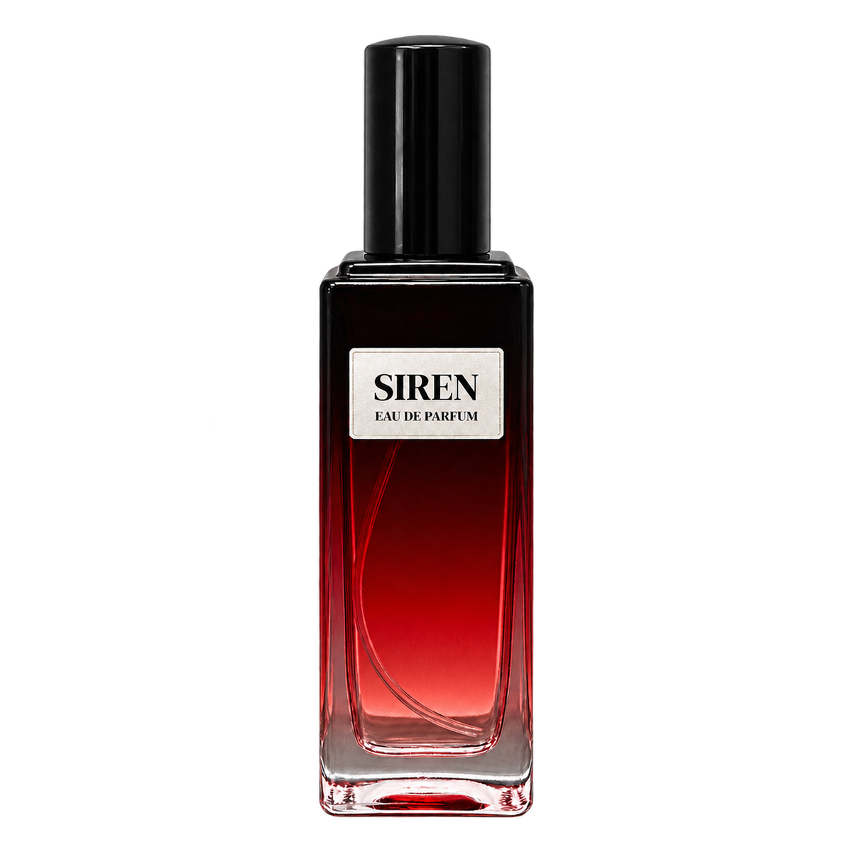 Phat Bath & Body Siren Eau de Parfum in a tall clear glass perfume bottle with black cap, warm tan label, and deep red-toned fragrance, shown as the main women’s fragrance product image.