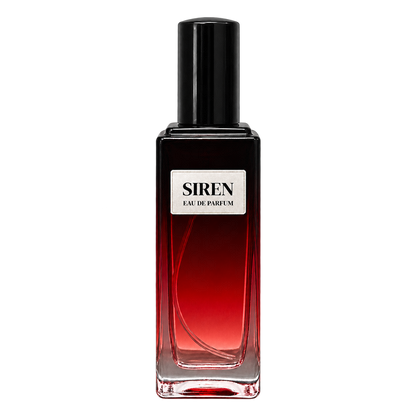Phat Bath & Body Siren Eau de Parfum in a tall clear glass perfume bottle with black cap, warm tan label, and deep red-toned fragrance, shown as the main women’s fragrance product image.