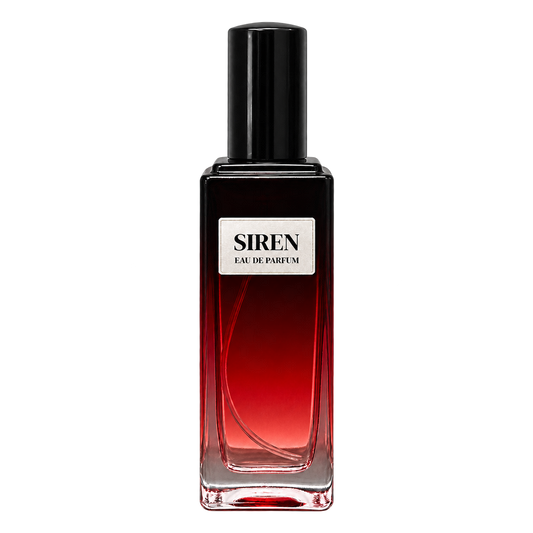 Phat Bath & Body Siren Eau de Parfum in a tall clear glass perfume bottle with black cap, warm tan label, and deep red-toned fragrance, shown as the main women’s fragrance product image.