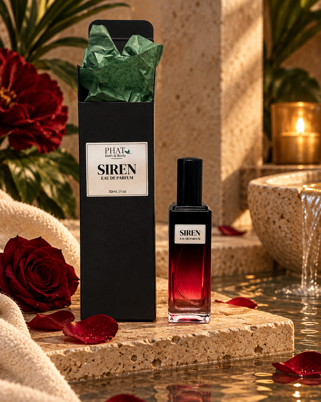 Siren women’s Eau de Parfum bottle with black gift box and green tissue in a romantic luxury setting.