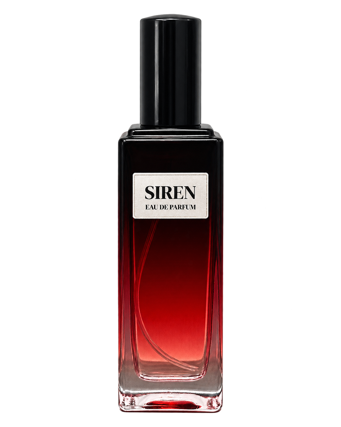 Siren women’s Eau de Parfum bottle with front label on a transparent background.