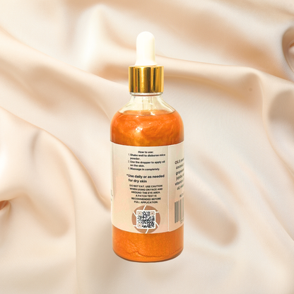 Skincare shimmer bottle with dropper on a beige fabric background