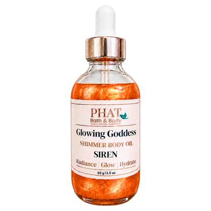 Phat Bath & Body Glowing Goddess Shimmer Body Oil in Siren, 3.5 oz glass dropper bottle with radiant orange-gold shimmer oil.