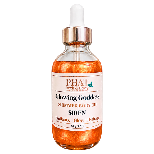 Phat Bath & Body Glowing Goddess Shimmer Body Oil in Siren, 3.5 oz glass dropper bottle with radiant orange-gold shimmer oil.