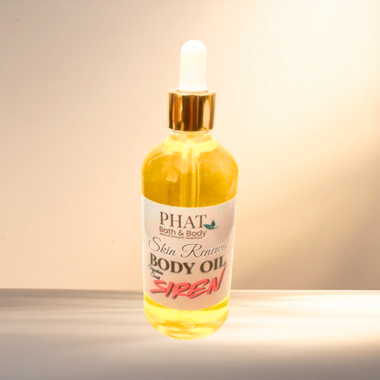 Bottle of PHAT Bath & Body Siren Skin Renewal Body Oil on a gradient background