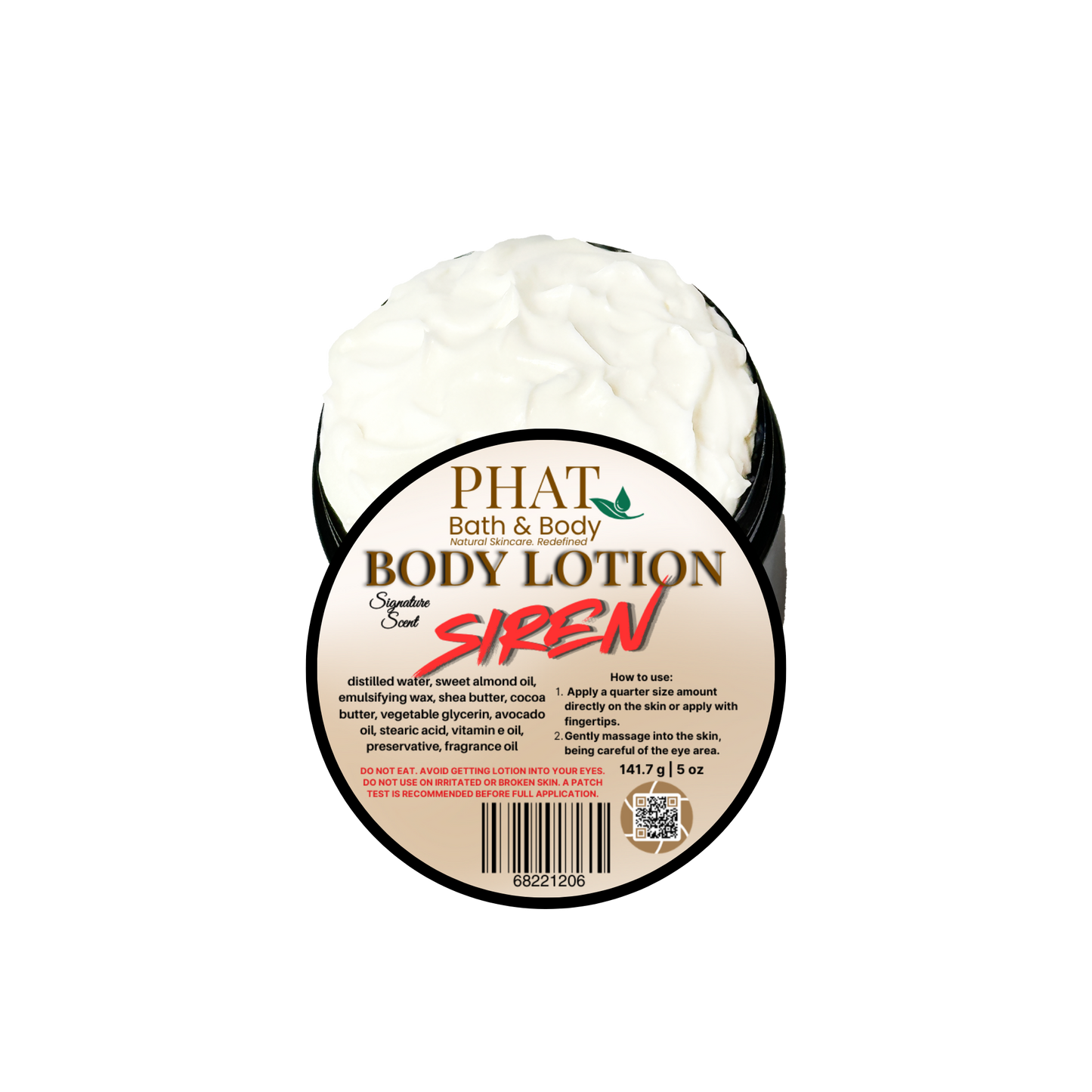 Body lotion container labeled 'Phat Bath & Body Siren' on a white background