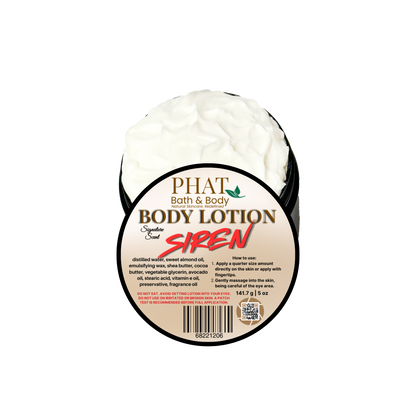 Body lotion container labeled 'Phat Bath & Body Siren' on a white background