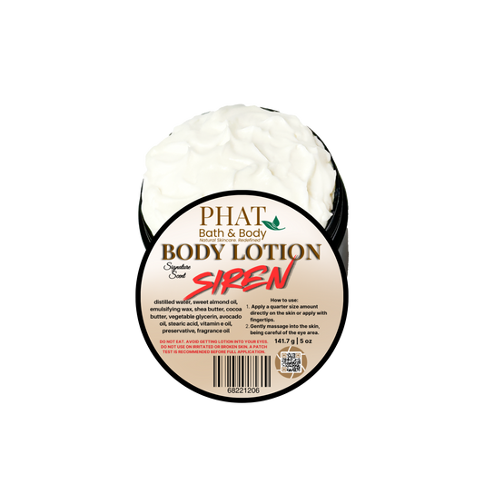 Body lotion container labeled 'Phat Bath & Body Siren' on a white background