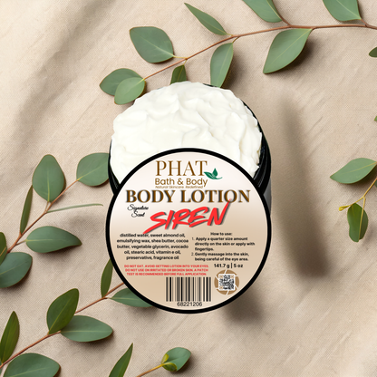 Body lotion container labeled 'PHAT Bath & Body' with green leaves on a beige fabric background