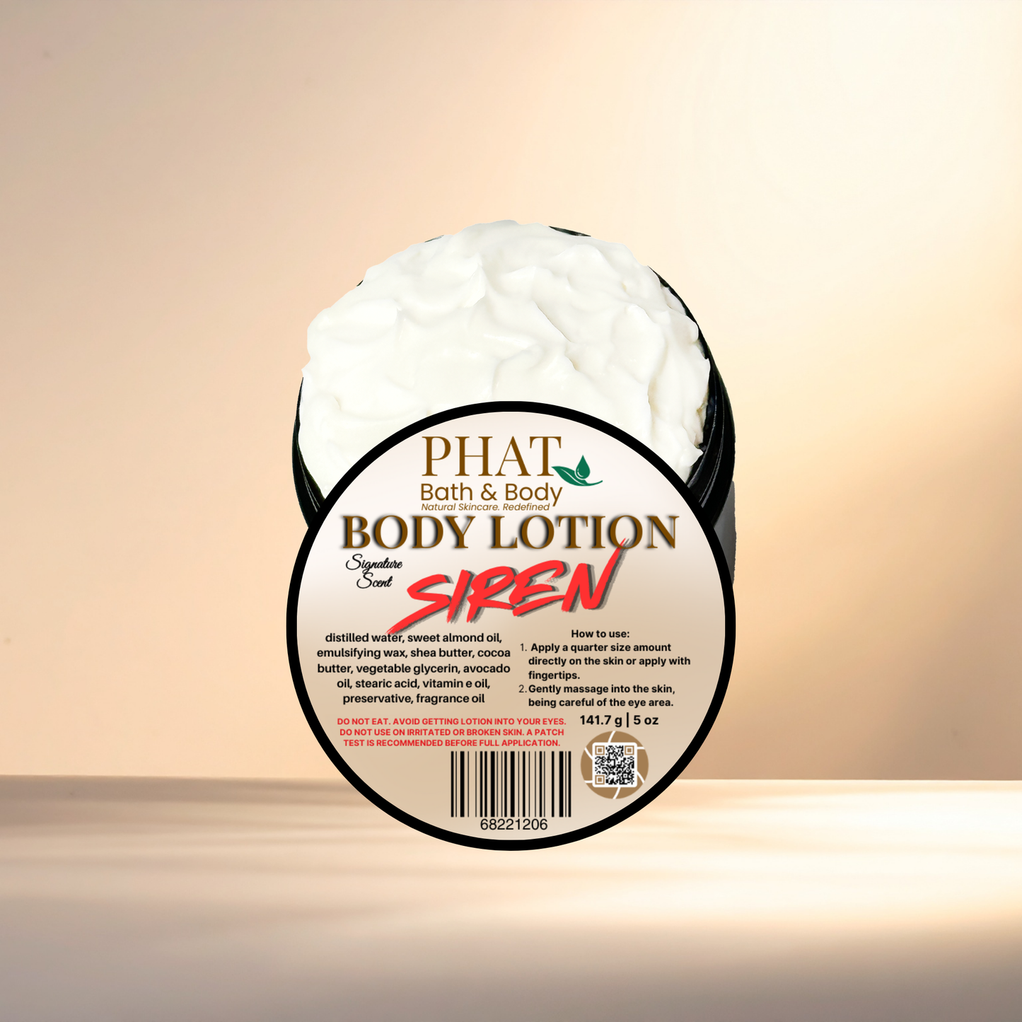 Body lotion container with 'Phat Bath & Body' label on a gradient background