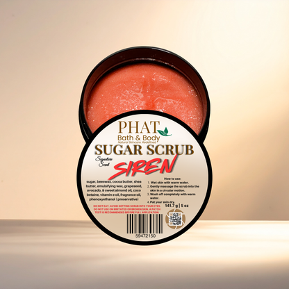 Jar of Phat Bath & Body Sugar Scrub with visible label on a beige background