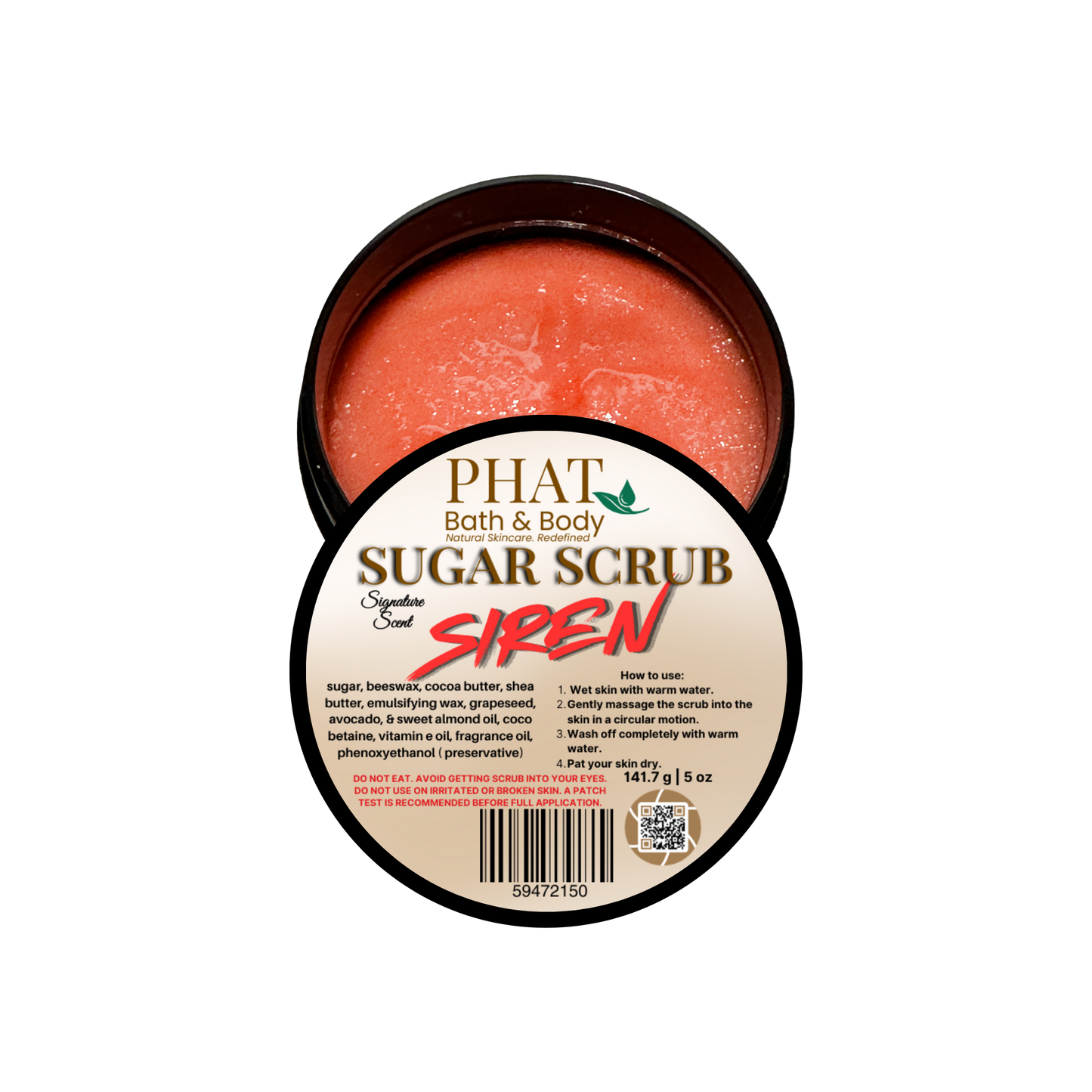 Phat Bath & Body sugar scrub container with red scrub visible on a white background