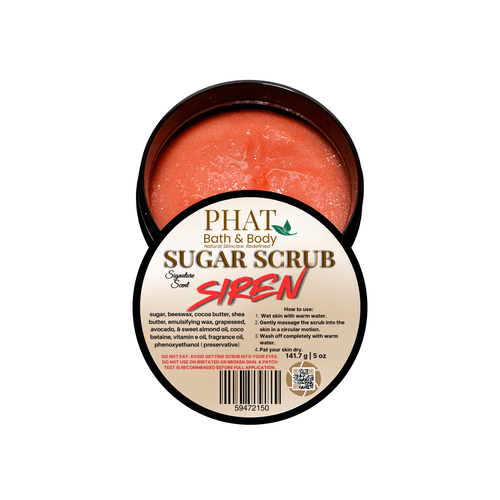 Phat Bath & Body sugar scrub container with red scrub visible on a white background